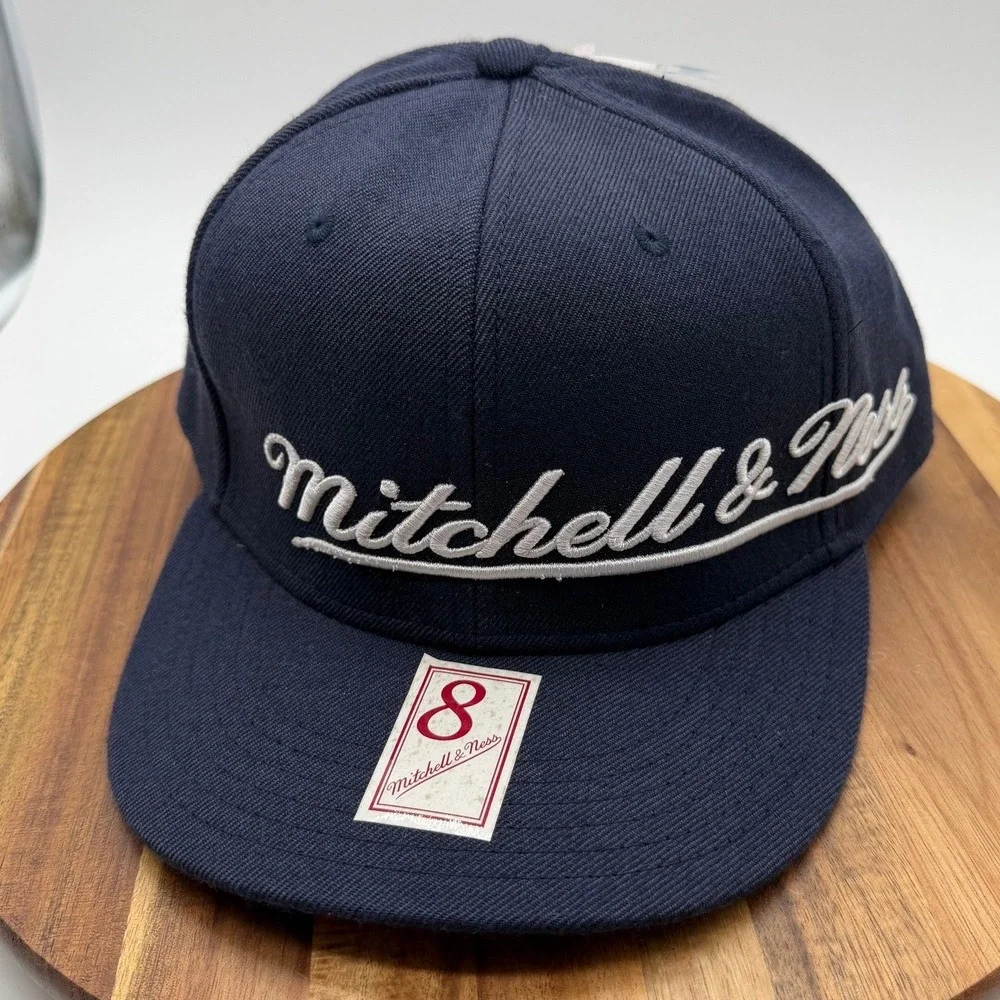 Mitchell & Ness Size 8 Fitted Hat Navy Blue Wool Script Logo Est 1904 Cap 2028